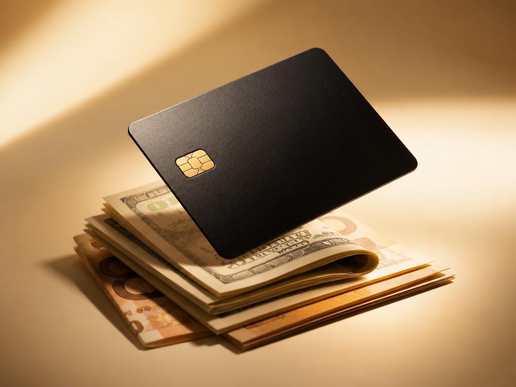 Matte black metal card floating above folded banknotes