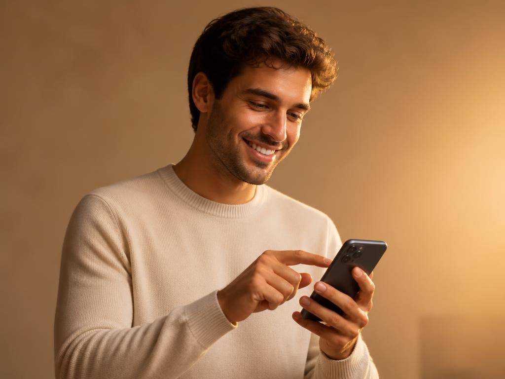 Young man smiling while sending money on his phone