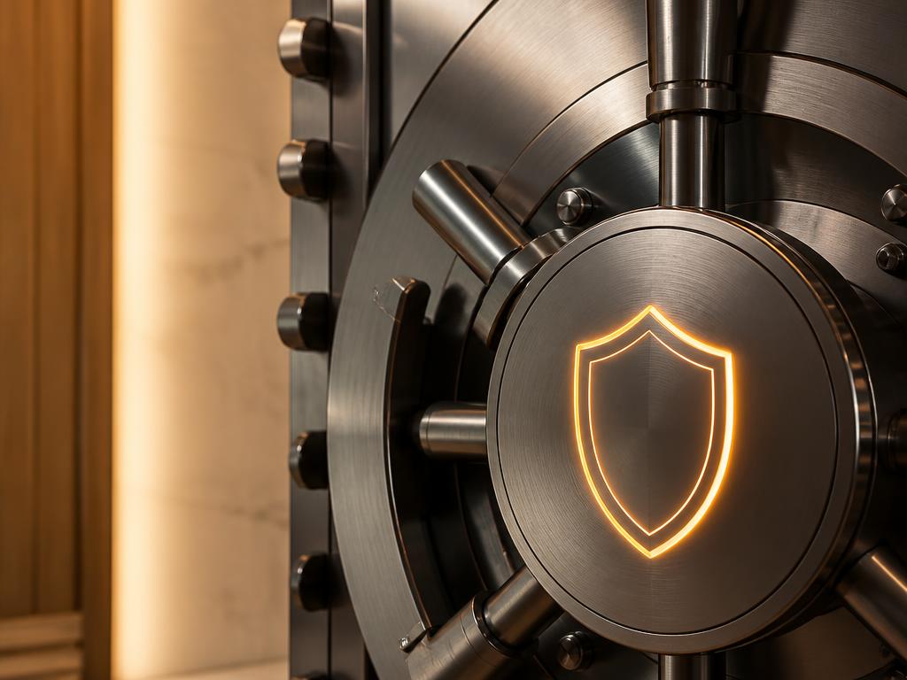 Brushed metal vault door with a glowing shield emblem